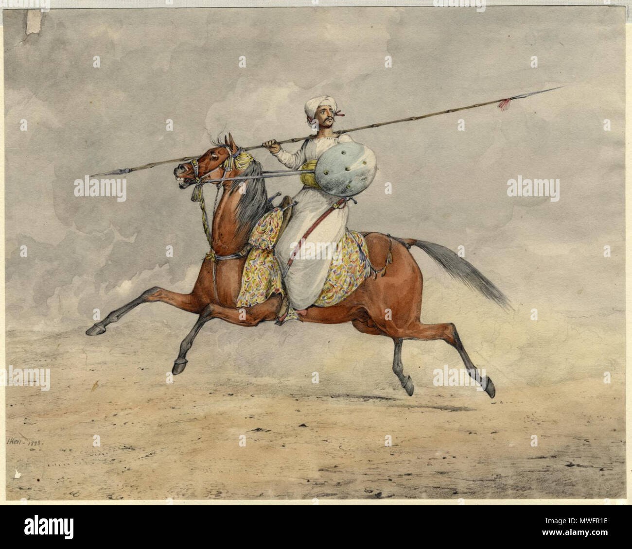 . Anglais : Création/Publication : 1828 créateurs et contributeurs : Alken, Henry, 1785-1851 (artiste) Description : Description physique : 1 aquarelle ; 20.7 x 26.1 cm. numériques reformatées Résumé : aquarelle originale signée et datée par Alken ; Cavalier en tenue militaire, avec bouclier et lance, à cheval vers la gauche. Numéro d'appel : IndUO1828sf-1 (n° appel Brown DEMANDER) notes générales : Petit folio oblong, montées ; pas de marges ; petit trou dans le coin inférieur gauche, décoloration en haut à gauche, sinon propre. Titre fourni par cataloger. Autres remarques : N.Y., Rockman, '52. Road. Provenance : Banque D'Images