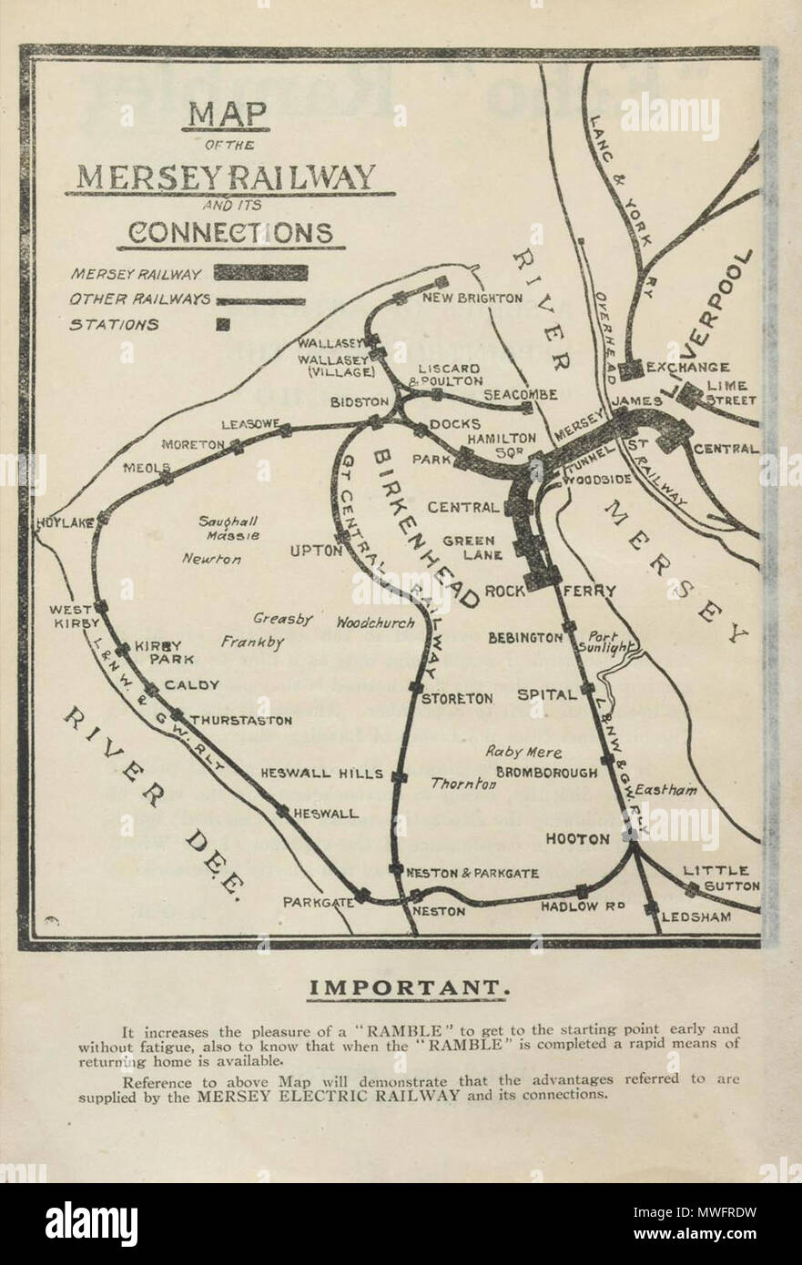 . Anglais : La carte a été inclus dans le 'Echo Rambler" une série d'articles paru dans le "Liverpool Echo" par Michael O'Mahoney . 1915. Daily Post 394 Carte montrant la Mersey et ses connexions Banque D'Images