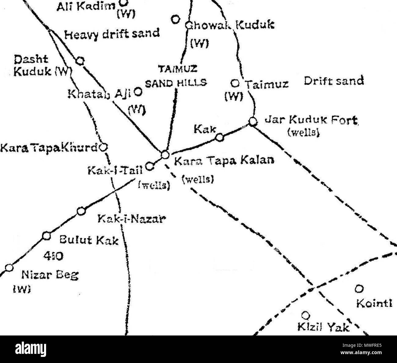 . Anglais : 1886 site de Qarah Tappeh Tapa (Kara) zone dans la province de Jowzjan, l'Afghanistan, à partir d'une carte de l'Kham-i-Ab, ou zone en litige entre la Russie et l'Afghanistan. 1886. La Commission d'établir la limite nord de l'Afghanistan 394 Map-Kara Tapa-Kalen--Science-1886 Banque D'Images