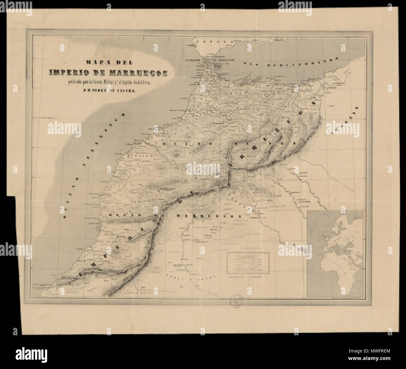 . Anglais : Carte de l'Empire du Maroc Español : Mapa del Imperio de Marruecos / publicado para la Gaceta Militar por el capitán de artilleria D.M. Perez de Castro ; Fran. Reinhard dib. y grabo . Entre 1920 et 1940. Pérez de Castro, M. ; Reinhard, Fran. 394 Mapa del Imperio de Marruecos (20e siècle) Banque D'Images