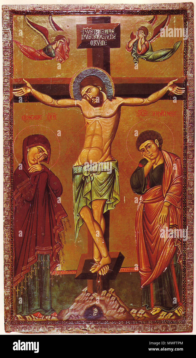 . Deutsch : Kreuzigungsgruppe : mit Ikone abendländischen Stilelementen, möglicherweise venezianischer Künstler. Drittes Viertel des 13. Jahrhunderts. 120,5 x 67 cm English : Crucifixion group : une icône byzantine dans un style plutôt occidental, peut-être par un artiste vénitien. troisième trimestre du 13ème siècle. 120,5 x 67 cm Français : Le crucifiement de Christ : l'icône de style byzantin dans un occidental, possiblement d'un peintre vénitien. Troisième quart du 13ième siècle. Avril 2008. 147 l'icône Inconnu Crucifixion Sinaï 13ème siècle Banque D'Images