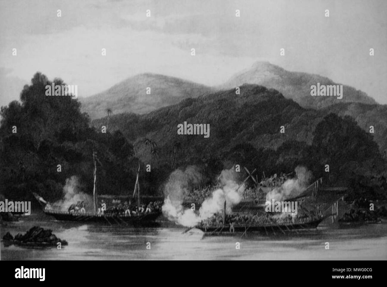 . Bahasa Melayu : Kapal James Brooke diserang lanun. Anglais : "Attaque de deux Lanoon Praos Malais sur le pirate 'Jolly Proa Batchelor'. Appartenant à des Sarawach Rajah Brooks et dotés par l'équipage du HMS Dido off Datto Point de la côte de Bornéo à 3h00 mai 1843 qui a pris fin dans l'explosion d'une Proa et la destruction de l'équipage de l'autre." . 1845. Le lieutenant James Hunt 438 Musée National KL 2008 (54) Banque D'Images