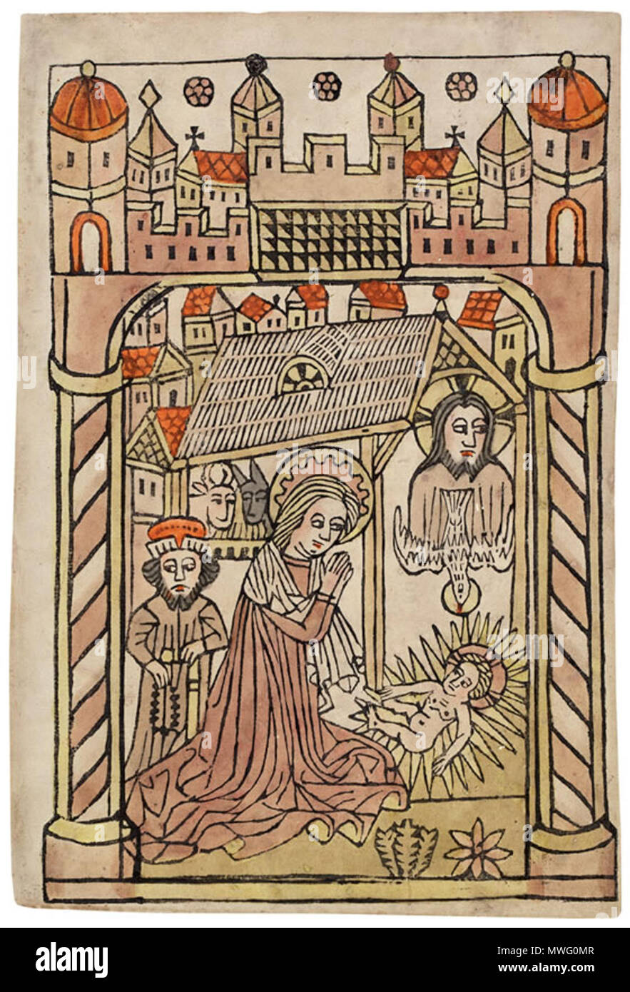 . English : feuillet imprimé d'Allemagne du Sud, Nativité English : crèche allemande avec l'inscription de la Trinité (Dieu le Père et de la colombe du Saint Esprit qui accompagne l'enfant Jésus . XV°. 336 anonyme Katalog N1440y Banque D'Images