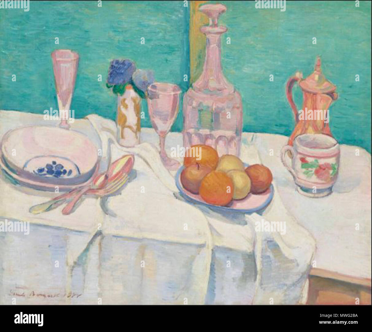 . English : Nature morte aux carafe, verres, fruits, pot d'etain sur une nappe . Peint en 1888 439 Nature morte aux carafe, verres, fruits, pot d'etain sur une nappe Banque D'Images