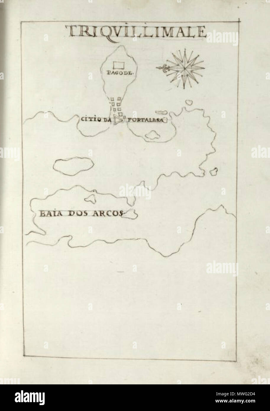 . Anglais : un dessin par Constantin de Sa de Noronha entre 1622-1624 montrant la situation de l'un des temples de l'Koneswaram Koneswaram Trincomalee Kovil composés sur Swami Rock, avec ce qui semble être la première fortification de Trincomalee et de ce qui allait devenir fort Frederick. De Plantas das fortalezas, pagodes & ca. da Ilha de Ceilão . 2011-10-24. Création originale/publié 1580-1650. Constantine de Sa de Noronha 345 KoneswaramtrincomaleecompoundKovillocation Banque D'Images