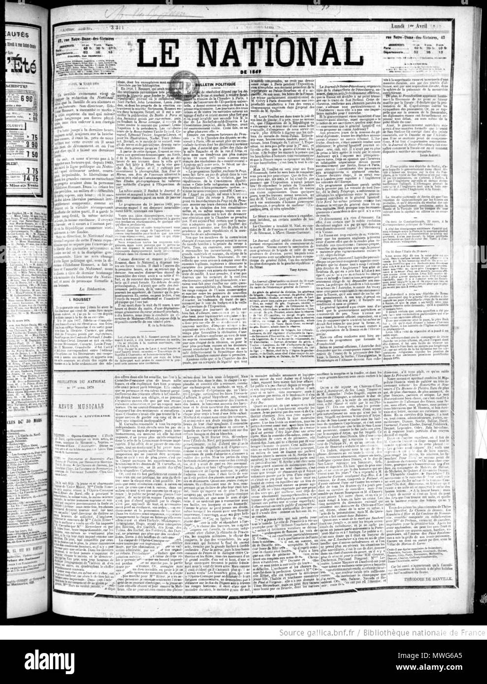 . Français : Une du journal Le National, 01/04/1878 . 1 avril 1878. Ildefonse Rousset (1817-1878), journaliste français Description photographe, libraire et éditeur Date de naissance/Décès 16 Juin 1817 Le 31 mars 1878 Lieu de naissance/décès Paris Maisons-Alfort contrôle d'autorité : Q28132250 363 Le National 1878 0401 Banque D'Images