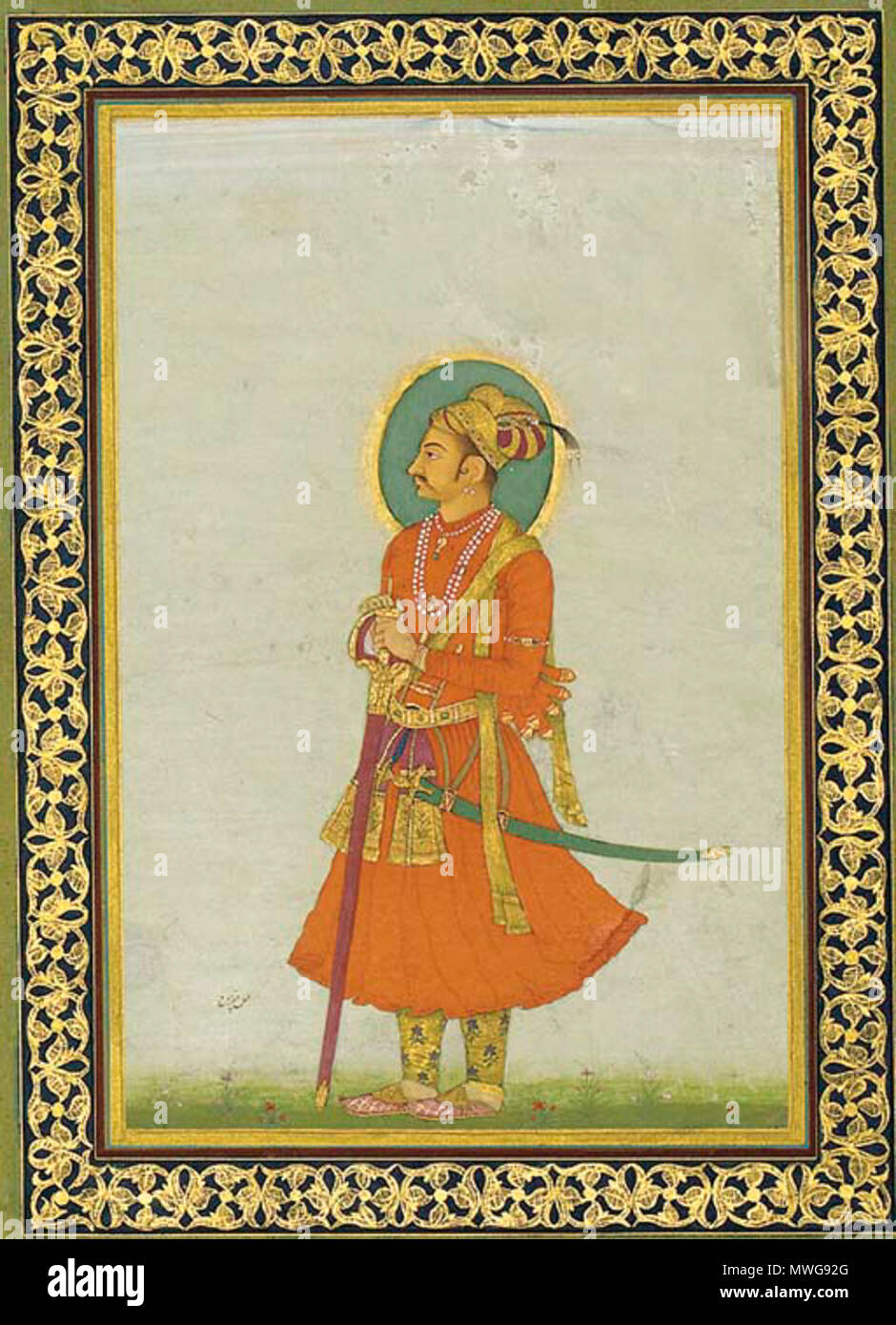 . Raja Karan Singh de Bikaner, Auranzeb et son allié ennemi . Le Raja avec une auréole autour de sa tête et de porter une orange jama et avec de l'or l'épée et turban et joaillerie, attribué ci-dessous en nasta'liq à Chitarman, zones retouchées dans le sol et peut-être face, monté sur carton avec marges bleu avec de l'or vert, méandre floral bordure extérieure. vers 1740 511 Raja Karan Singh de Bikaner, Auranzeb allié de l'ennemi et Banque D'Images