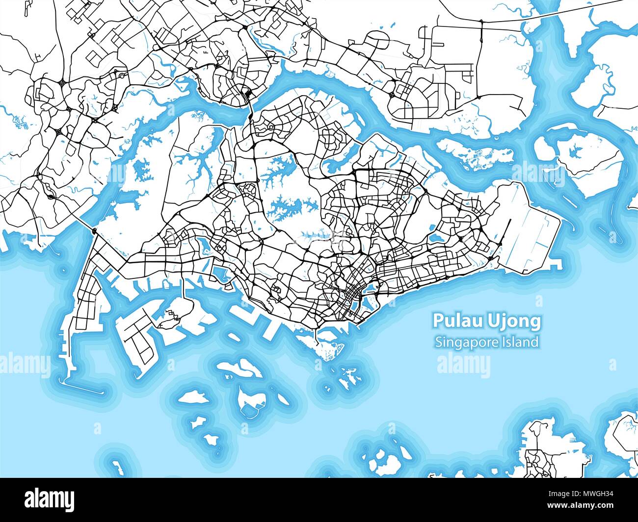 Deux tons carte de l'île de Pulau Ujong, Singapour avec le plus grand des autoroutes, des routes et les îles et d'îlots Illustration de Vecteur