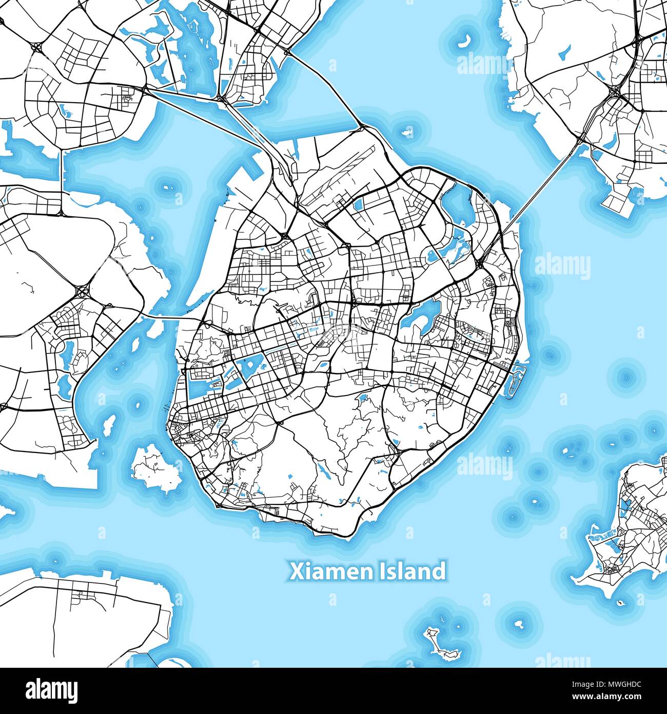 Carte de l'île de Xiamen, Chine avec le plus grand des autoroutes, des routes et les îles et d'îlots Illustration de Vecteur