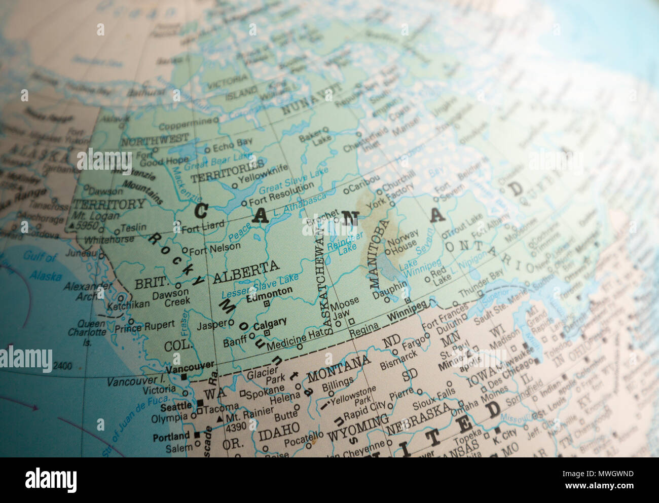 La carte de l'Amérique du Nord sur un monde axé sur la frontière du Canada avec les États-Unis d'Amérique Banque D'Images