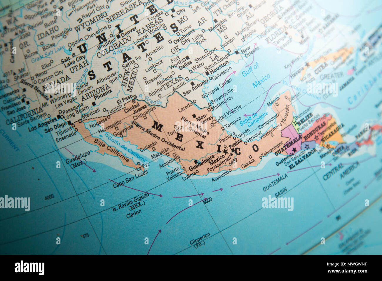 La carte de l'Amérique du Nord sur un monde axé sur la frontière du Mexique avec les États-Unis d'Amérique Banque D'Images