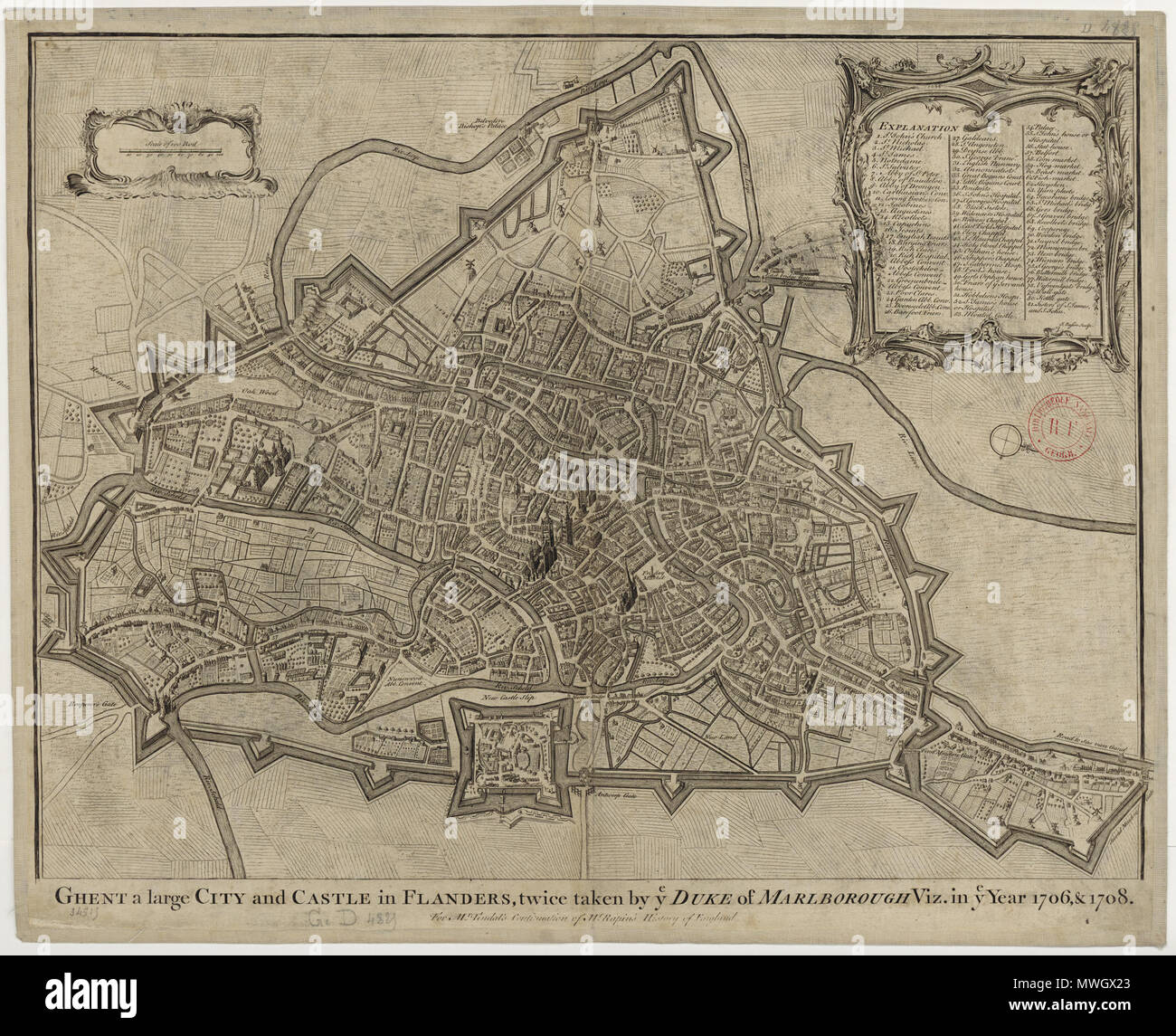 . Anglais : Site de Gand par Tindal . 9 mars 2012. Nicolas Tindal (1688-1774) et Paul de Rapin de Thoyras (1661-1725) 393 Plan de Gand par Tindal Banque D'Images