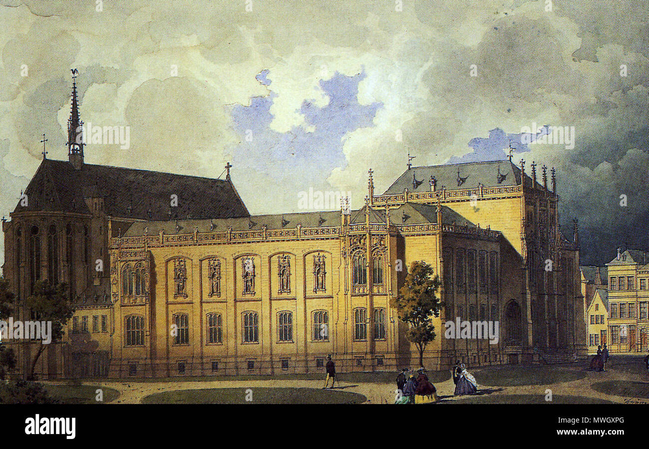 . Deutsch : Wallraf-Richartz-Museum (1861 Aquarell, Kölnisches Stadtmuseum, Graphische Sammlung). Museumsgebäude Das wurde im Stil der Gotik anglais gebaut. Architekten : Josef Felten, Julius Raschdorf und Friedrich August Stüler. 1861. Josef Felten 640 Wallraf-Richartz-Museum-1861 Banque D'Images