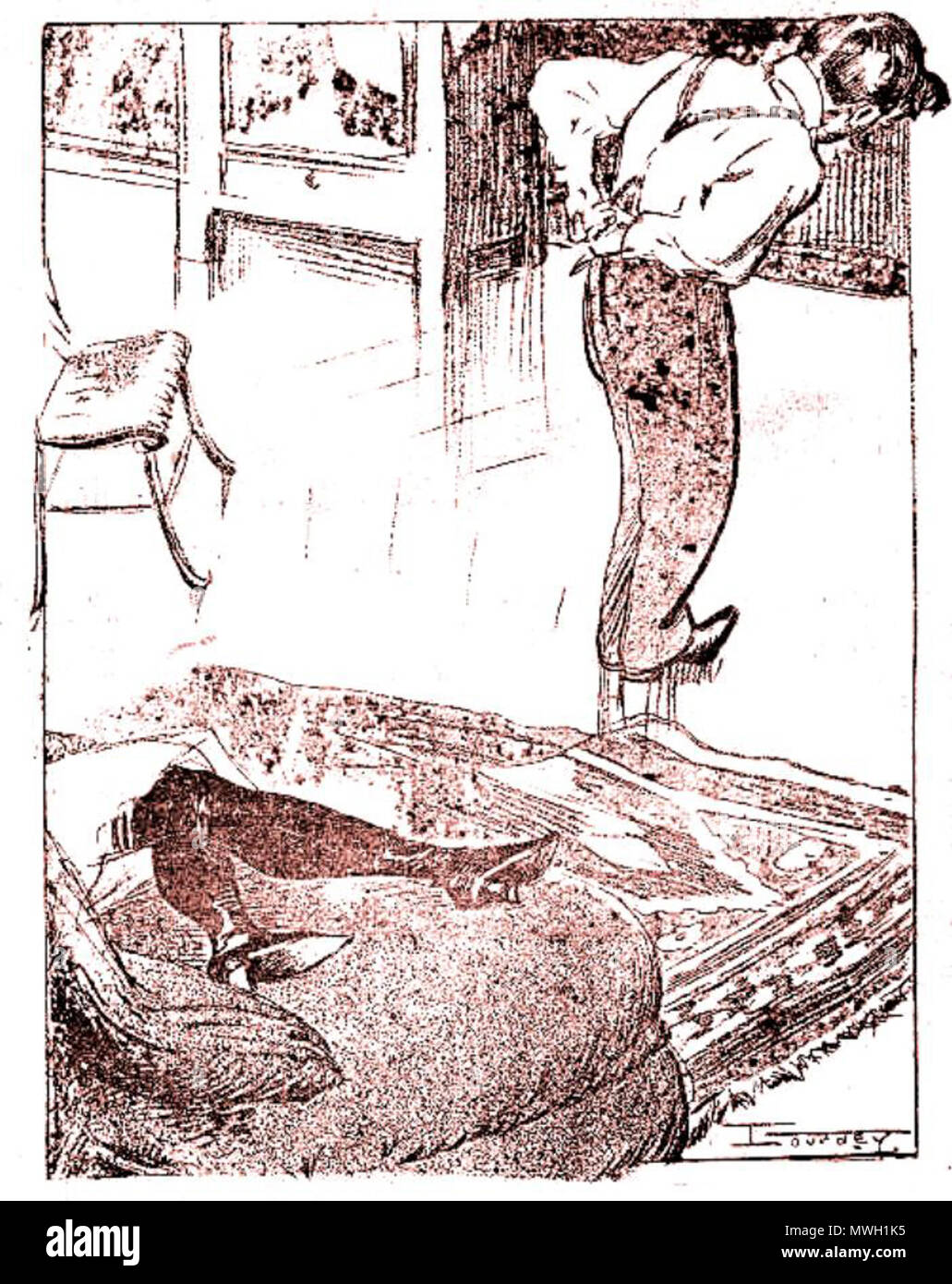 . Anglais : Caricature publiée par le magazine satirique roumain, Furnica, intitulée 'Flirt' ('Flirt' - l'utilisation des guillemets indiquent la distance ironique). Un homme a quitté le canapé et est occupé à s'habiller ; la jeune fille, dont les jambes, visible sur la gauche, indiquent qu'elle a dépouillé de son genou chaussettes et pantalettes, Închipueşte ţĭ commentaires :'mameĭ mutra, dacă afla ar'mi că curte facĭ ! ('Imaginer le visage de mère, elle a été de découvrir que vous étiez une cour pour moi !'). 1905. Maurice Lefebvre-Lourdet (1869-1934) 407 Maurice Lefebvre-Lourdet - "FLIRT", nov 1905, Furnica Banque D'Images