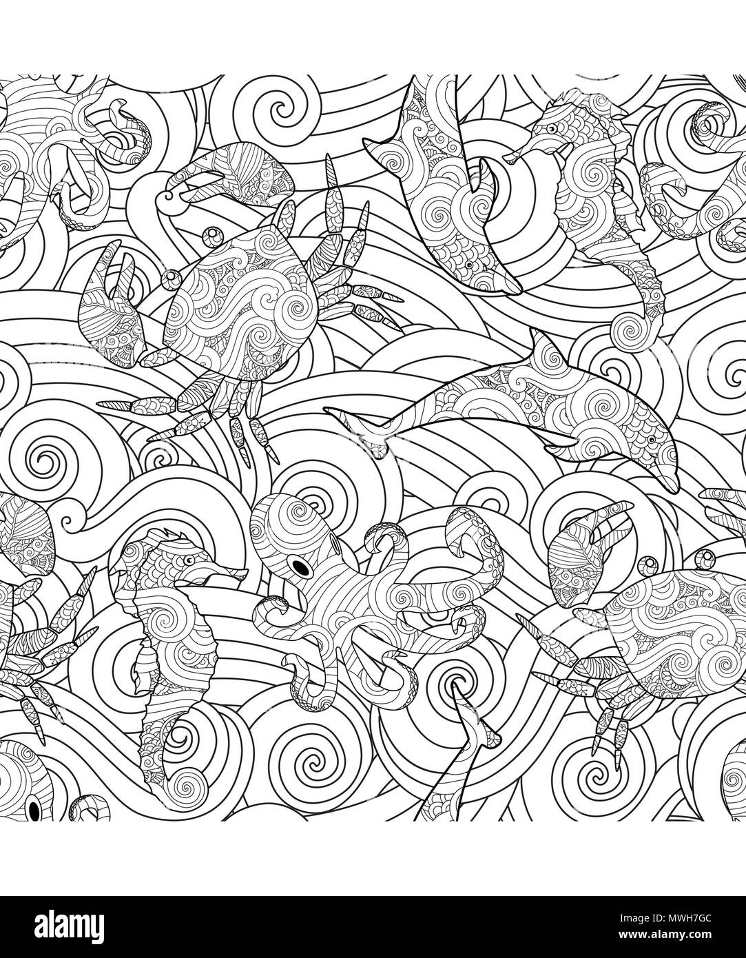 Serene hand drawn seamless pattern avec aperçu mer, vagues animaux - Dauphin, hippocampe, pieuvre, crabe isolé sur fond blanc. Livre de coloriage pour les enfants plus âgés et les adultes. Illustration de Vecteur