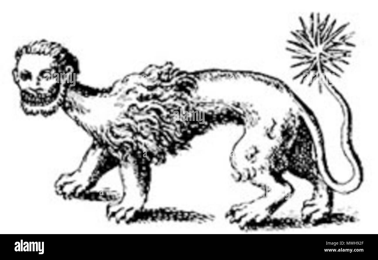 . L'Mantichora - Le plus remarquable de créatures allégorique a été l'mantichora Ctesias, décrit comme ayant un corps de couleur flamme, lionlike en forme, trois rangées de dents, une tête humaine et les oreilles, yeux bleus, une queue se terminant par une série de pics et piqûres, épineuse et scorpionlike, et une voix qui sonnait comme le vacarme des trompettes. Ce quadrupède ambled synthétiques dans les œuvres médiévales sur l'histoire naturelle, mais, bien que sérieusement considérée, n'avait jamais été vu, parce qu'il habitaient les régions inaccessibles et par conséquent a été difficile à trouver [1]. . Ce fichier n'est pas informations sur l'auteur. Banque D'Images
