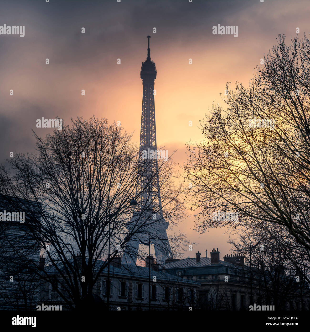 Paris 7ᵉ arrondissement. Tour Eiffel au coucher du soleil. Ile de France. France Banque D'Images