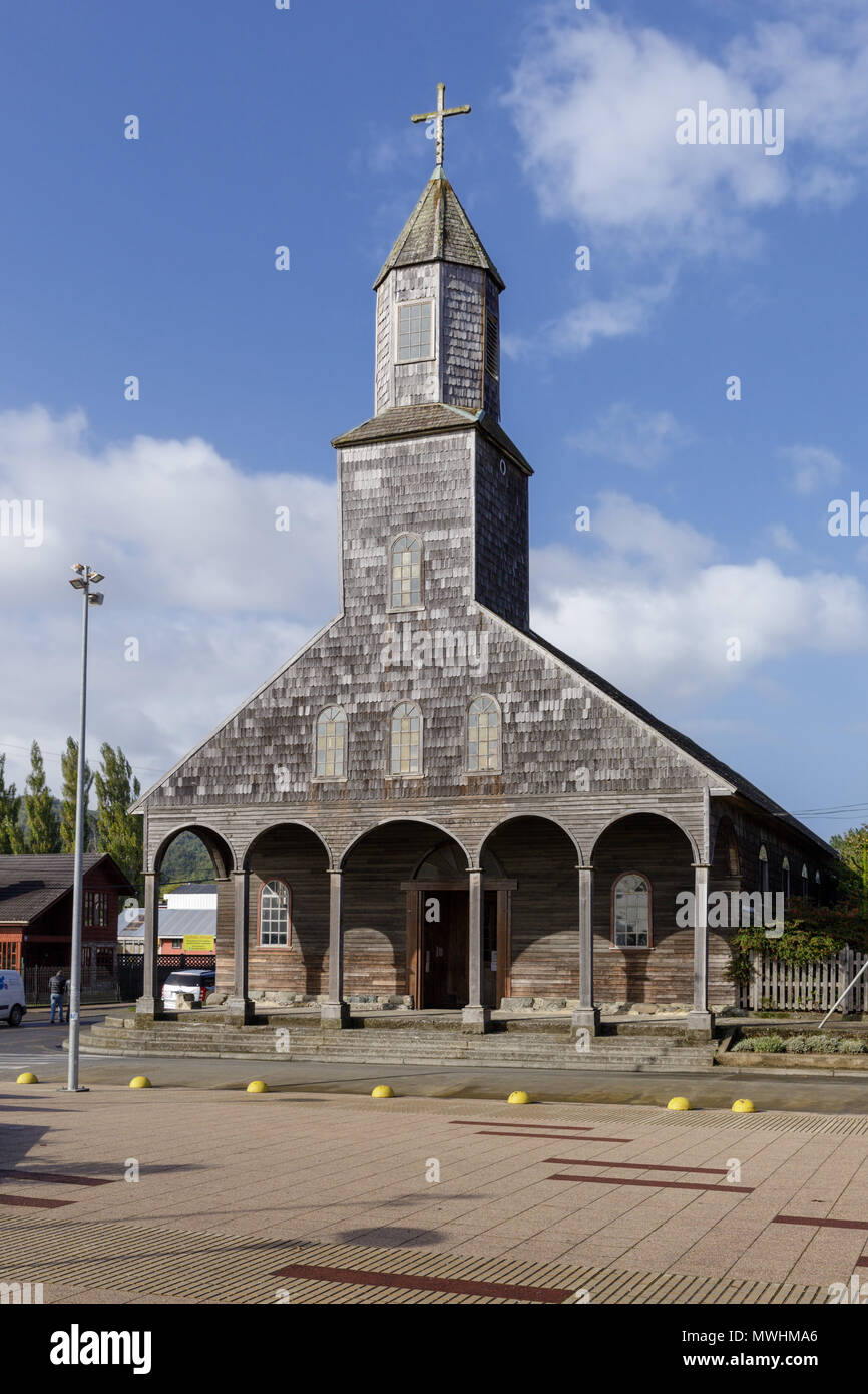 L'île de Quinchao, Chiloé, Chili : le patrimoine mondial de l'Église à Achao. Banque D'Images