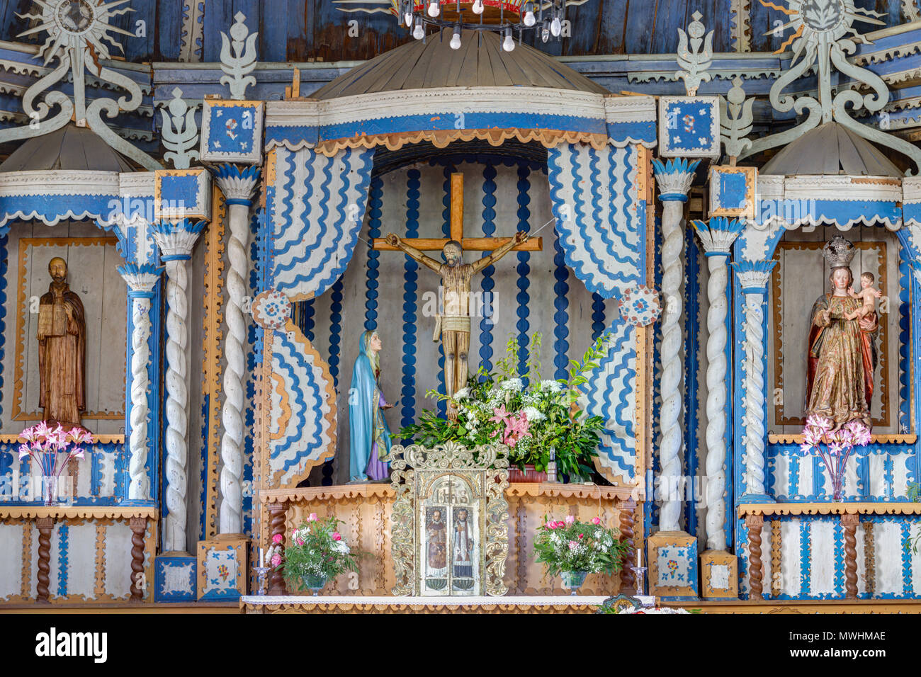 L'île de Quinchao, Chiloé, Chili : intérieur baroque de l'Église au Patrimoine Mondial de l'Unesco à Achao. Banque D'Images