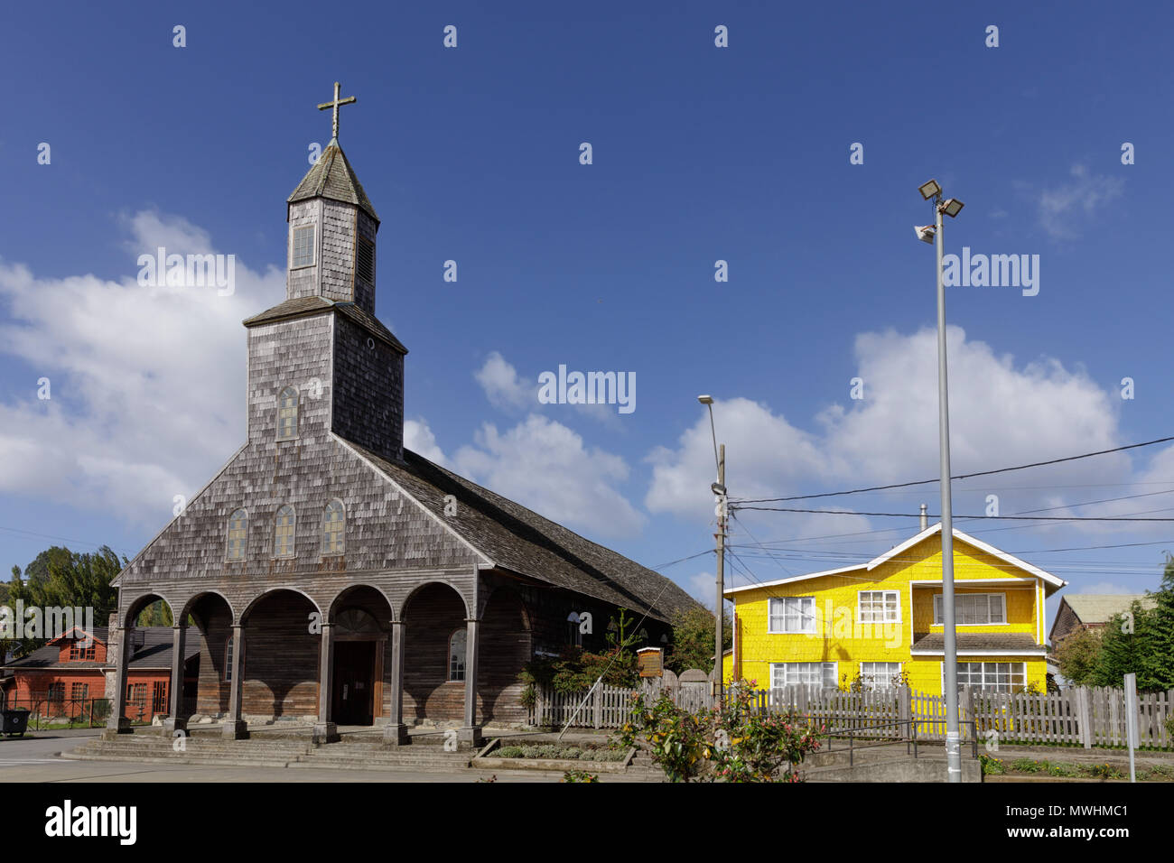 L'île de Quinchao, Chiloé, Chili : le patrimoine mondial de l'Église à Achao. Banque D'Images