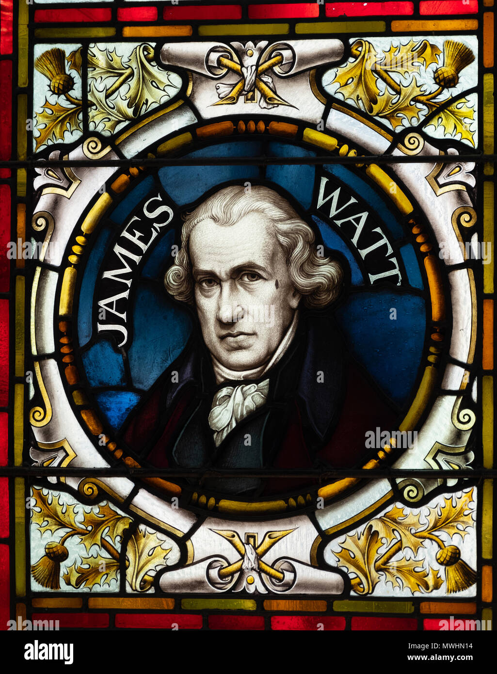 Vitrail montrant James Watt à l'McManus art gallery and museum à Dundee, Écosse, Royaume-Uni, Tayside Banque D'Images