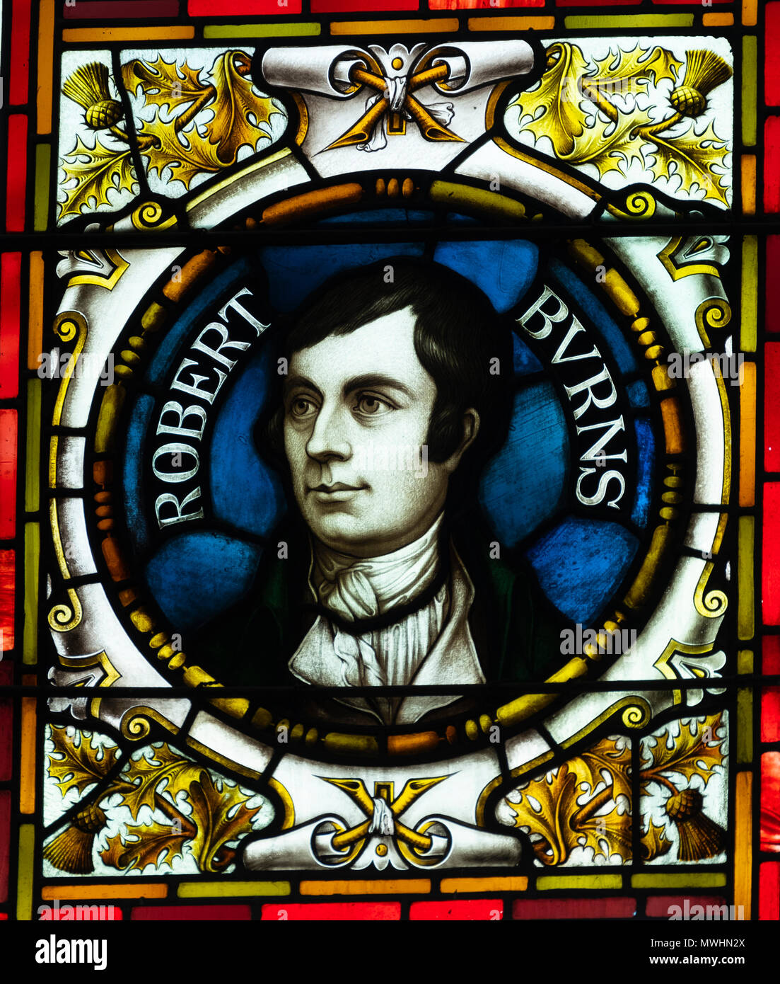 Vitrail montrant Robert Burns à l'McManus art gallery and museum à Dundee, Écosse, Royaume-Uni, Tayside Banque D'Images