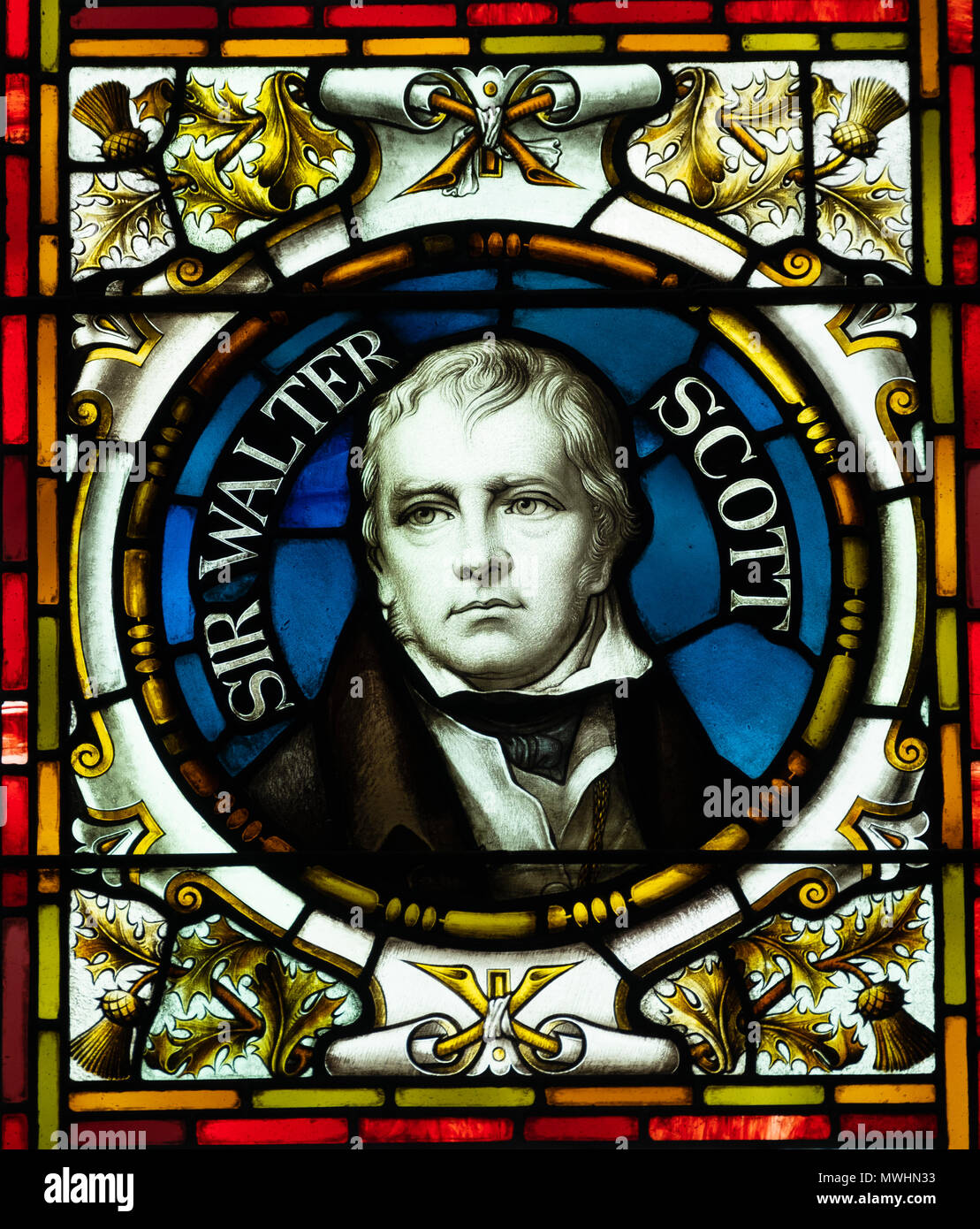 Vitrail montrant sir Walter Scott à l'McManus art gallery and museum à Dundee, Écosse, Royaume-Uni, Tayside Banque D'Images