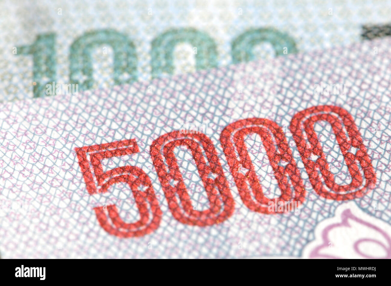 Détail de billets de la Corée du Nord montrant 1000 et 5000 dans l'impression en relief Banque D'Images