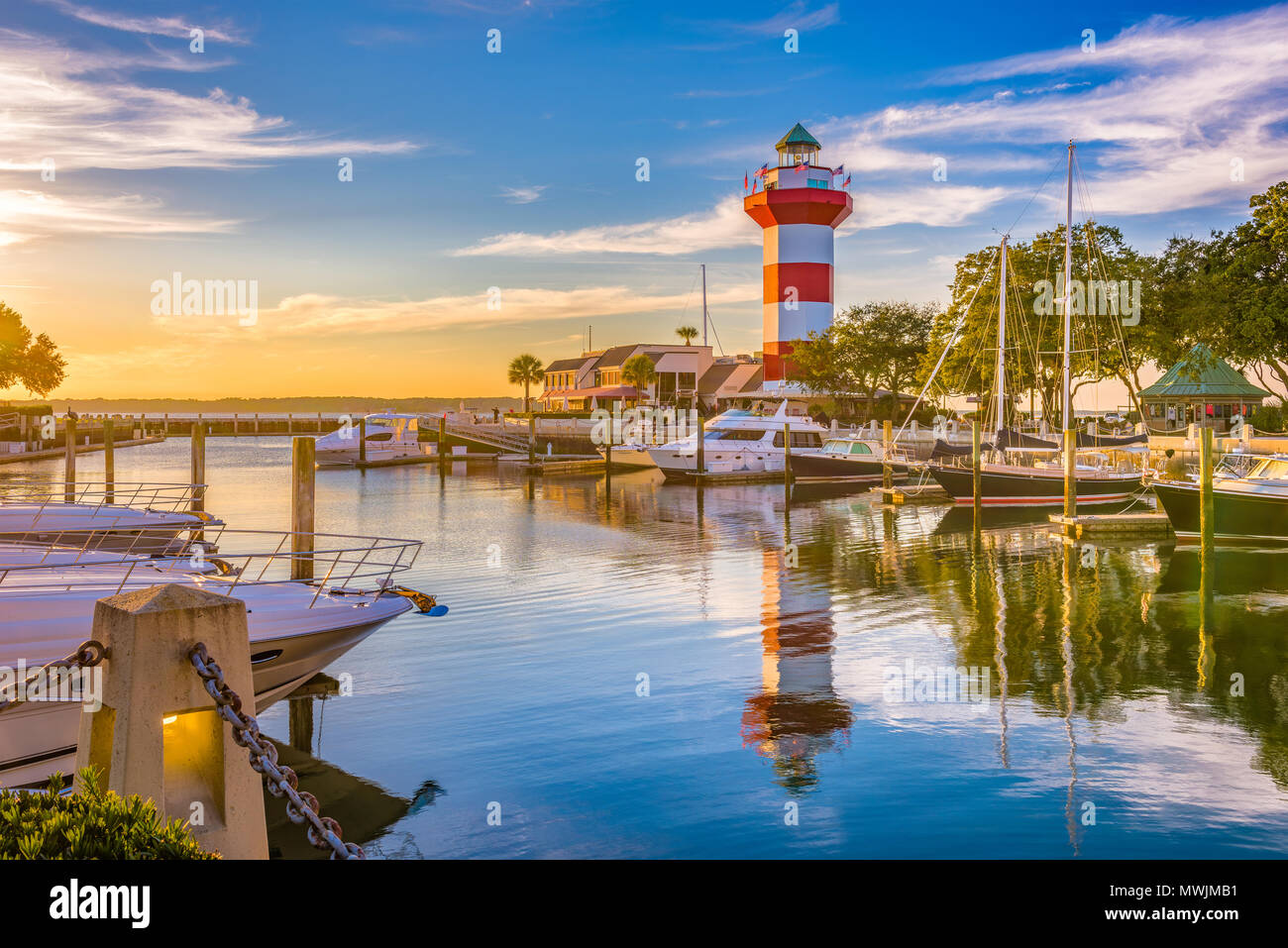 Hilton Head, Caroline du Sud, phare au crépuscule. Banque D'Images