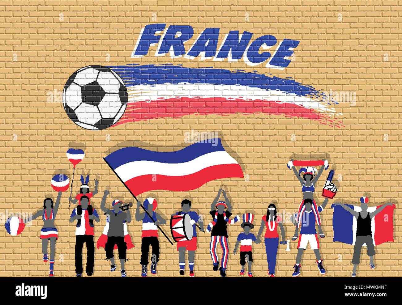 Les fans de football français avec acclamations couleurs du drapeau de