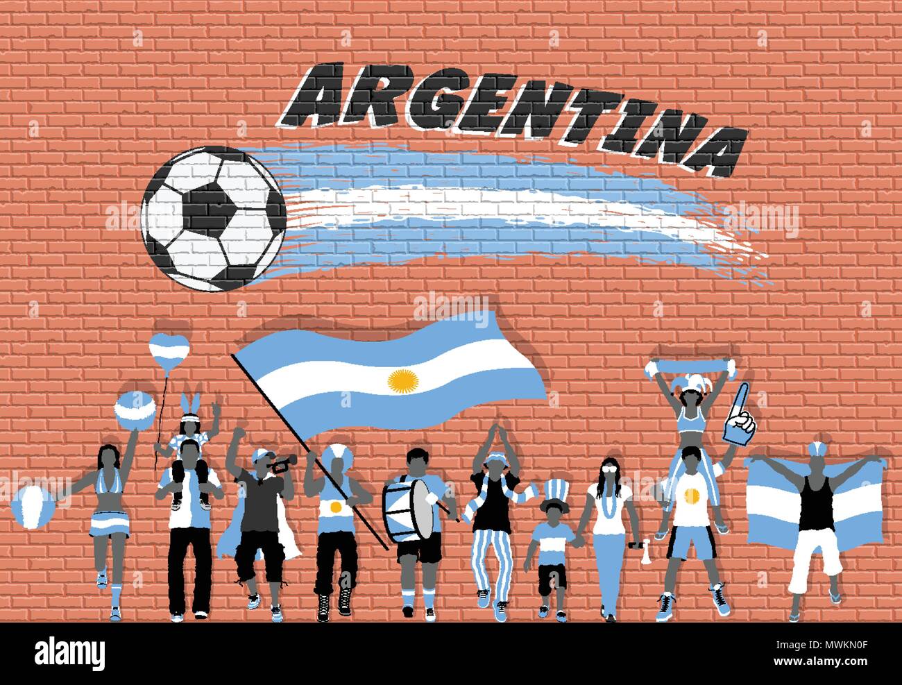 Les fans de football argentin acclamer avec couleurs du drapeau de l'Argentine en face de ballon de soccer des graffitis. Tous les objets sont dans des couches différentes et le texte t Illustration de Vecteur