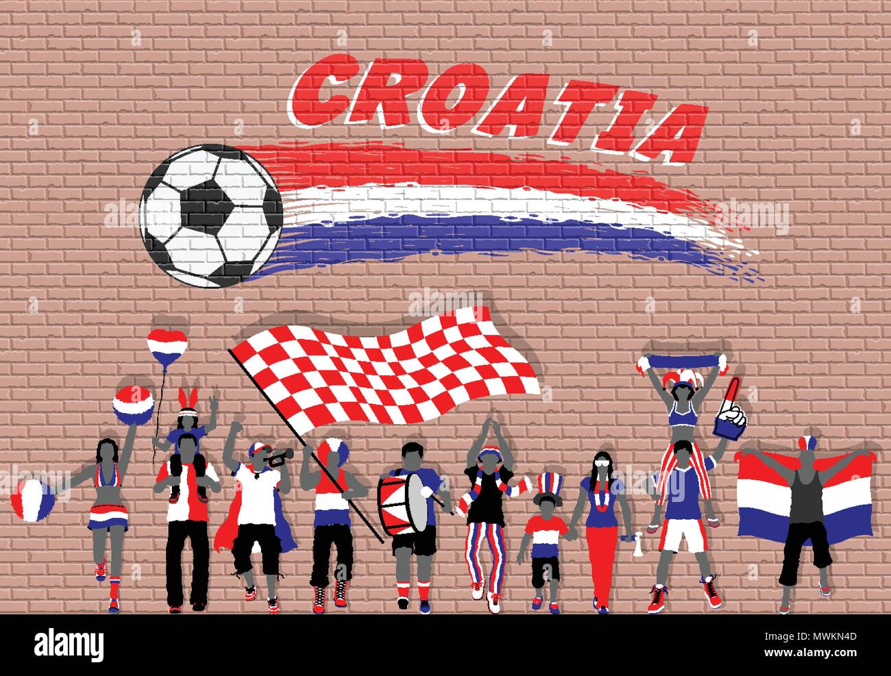 Acclamations des fans de football croate Croatie avec des couleurs du drapeau en face de ballon de soccer des graffitis. Tous les objets sont dans des couches différentes et les types de texte Illustration de Vecteur