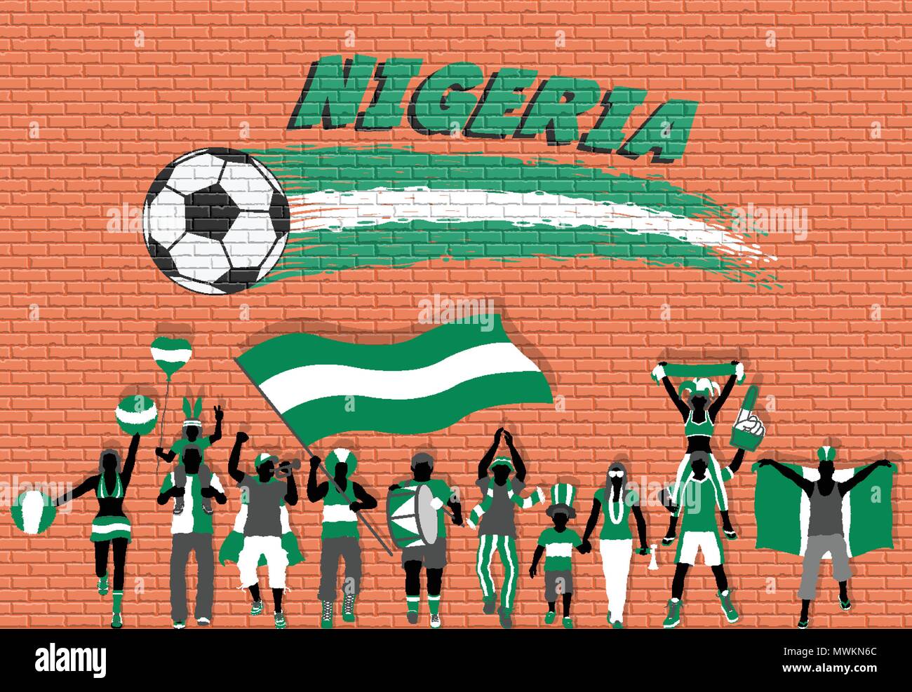 Football fans cheering nigérian le Nigéria avec les couleurs du drapeau en face de ballon de soccer des graffitis. Tous les objets sont dans des couches différentes et les types de texte Illustration de Vecteur