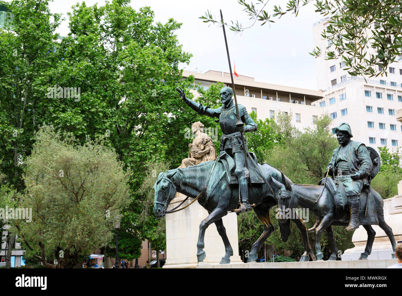 Monument à l'auteur de Don Quichotte, Miguel de Cervantes, Plaza de España, Madrid, Espagne. Mai 2018 Banque D'Images