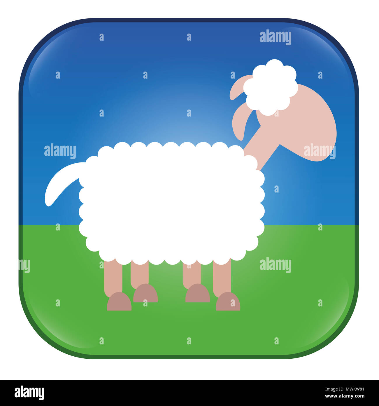 Les moutons App. Demande de compter les moutons, comme le bouton snooze, pour bêlements ou tout autre sujet. Illustration bande dessinée d'un mouton blanc. Banque D'Images