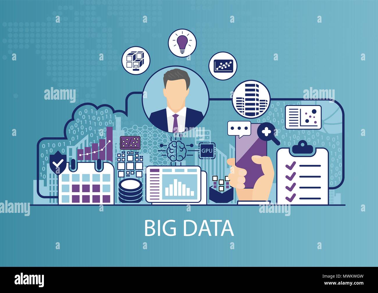 Illustration vecteur de big data avec l'homme d'affaires et d'icônes. Illustration de Vecteur