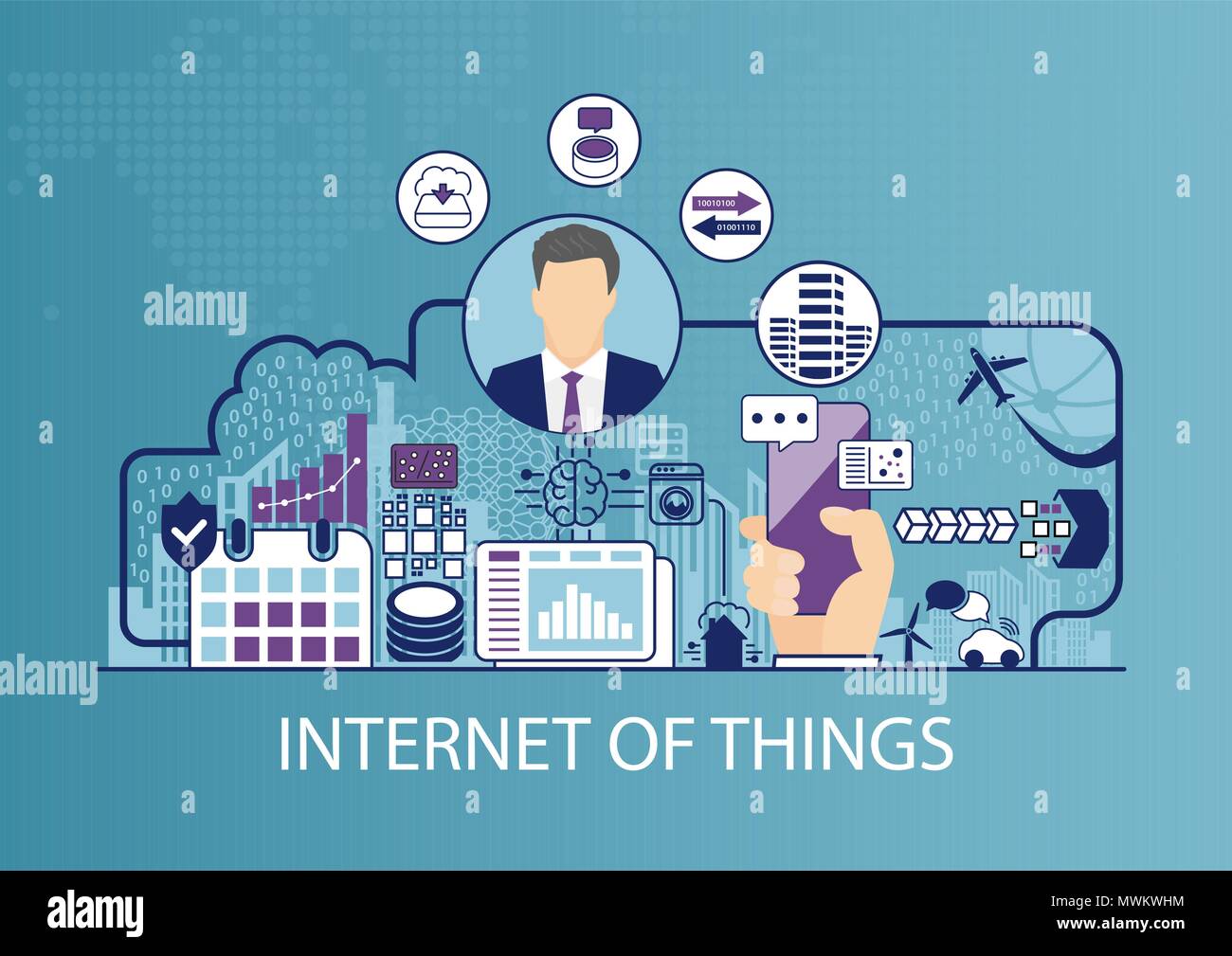 Internet des Objets (IOT) vector illustration avec l'homme d'affaires et d'icônes. Illustration de Vecteur