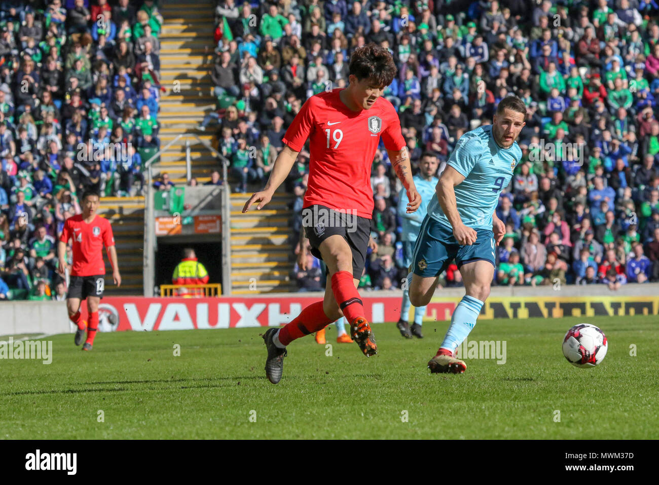 24 mars 2018. Le Football International friendly 2018, d'Irlande du Nord / Corée du Sud, à Windsor Park, Belfast. (19) Kim Min-jae la Corée du Sud. Banque D'Images