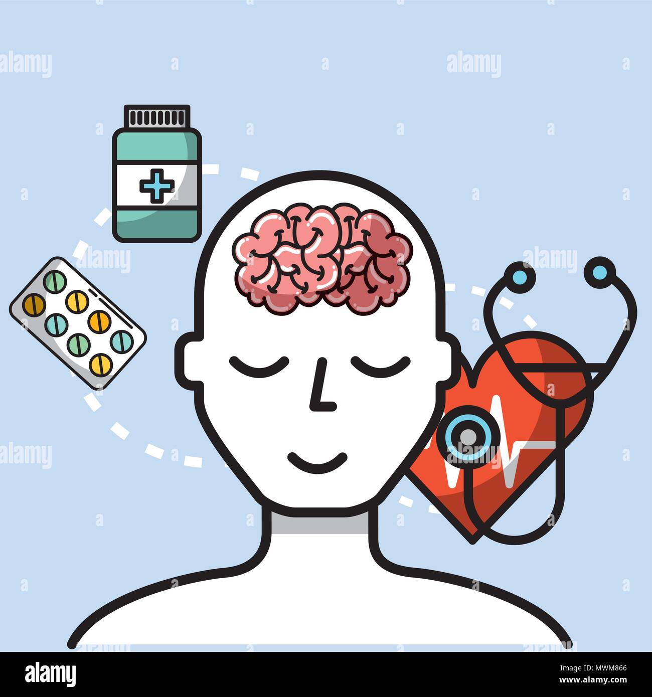 Portrait man cerveau coeur stethscope illustration vecteur de soins de santé mentale Illustration de Vecteur