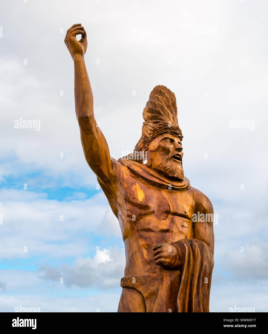 Close up of sculpture en bois sculpté à Akahanga de Hotu Matu'a, premier roi de l'île de Pâques, Rapa Nui, qui a atterri à Anakena Beach Cove, Chili Banque D'Images