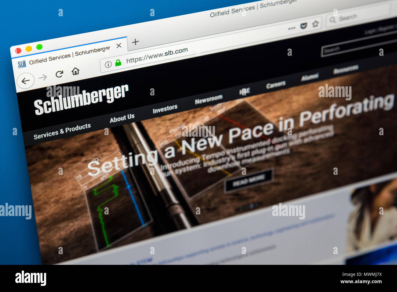 Londres, Royaume-Uni - 31 MAI 2018 : La page d'accueil du site web officiel de Schlumberger Limited, la plus grande société de services pétroliers dans le monde, sur 31s Banque D'Images