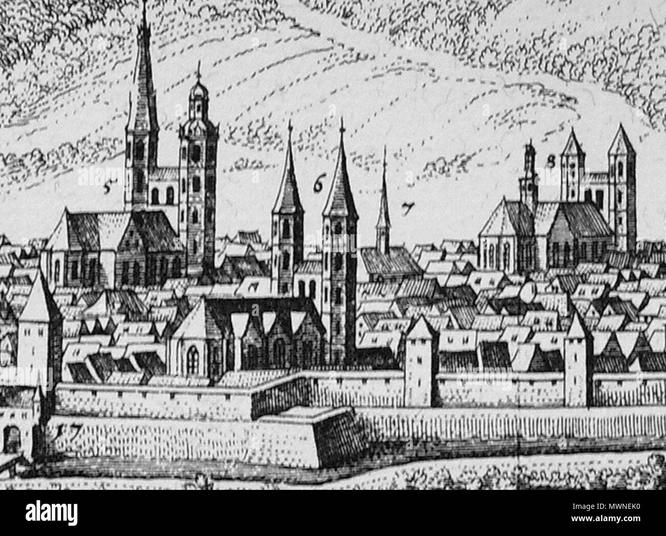 . Deutsch : Matthäus Merian, Goslar (1653), Ausschnitt : (5) Saint-Côme Marktkirche und Damian, (6) Neuwerkkirche, (7) Saint Thomas, (8) Saint Simon Schwanenburg und Judas (Dom), (17) (Rauschentor Rosentor) . 1653. Matthäus Merian 250 Goslaria Merian (détail) Banque D'Images . Deutsch : Matthäus Merian, Goslar (1653), Ausschnitt : (5) Saint-Côme Marktkirche und Damian, (6) Neuwerkkirche, (7) Saint Thomas, (8) Saint Simon Schwanenburg und Judas (Dom), (17) (Rauschentor Rosentor) . 1653. Matthäus Merian 250 Goslaria Merian (détail) Banque D'Images