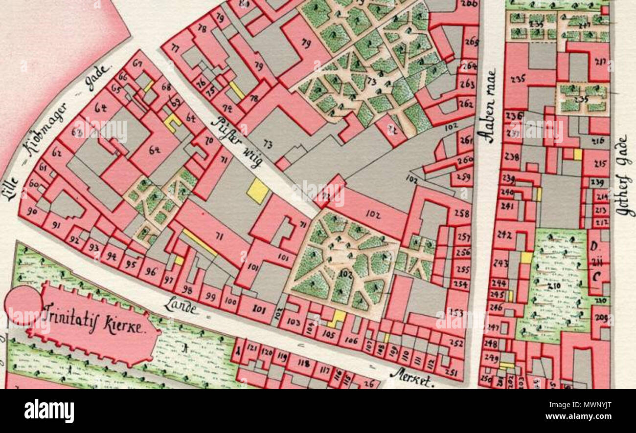 . Anglais : détails du plan de district de Gedde montrant la rue de Copenhague et Pustervig la zone où Hauser Plads et Suhmsgade a ensuite créé à Copenhague, Danemark . 26 janvier 1757. Gedde 507 Pustervig (Gedde) Banque D'Images