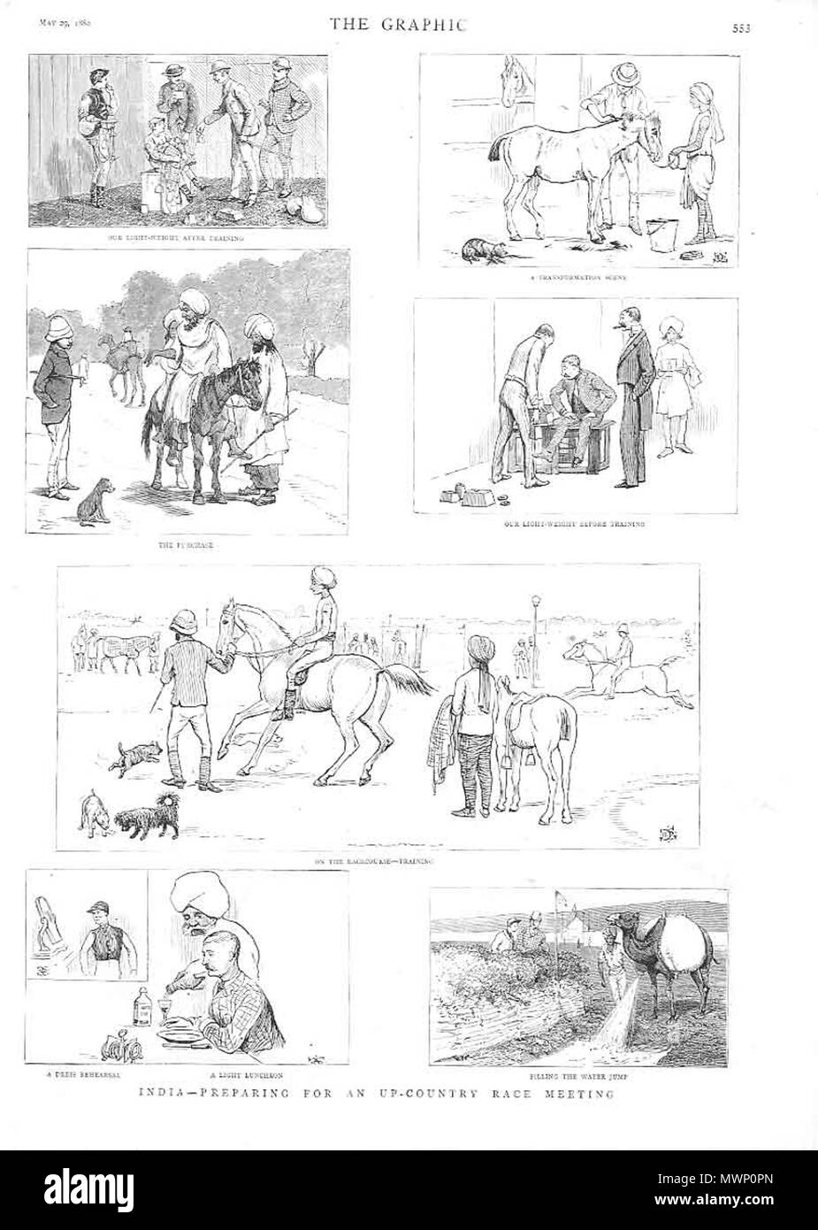 . Anglais : Vues de l'Illustrated London News et le graphique (certains avec coloration à la main plus tard, le tout à partir de ventes aux enchères ebay) : 'Loodhianah sur le Sutlej'*, 1846 soldats 'Sikh'* '1846, le British Museum'*, 1851 "Une Gare Indienne'*, 1854 (ci-dessus) 'Banyan Tree'* '1856, dépassé par les voyageurs l'inondation [d'un flash flood]'*, 1856 hindou "voyous et empoisonneurs'*, 1857 'Snake enchanteurs de l'inde'* '1857, ruines, Brahmunabad, sind'* 'Hindoostanee Dhoolie, 1857, utilisée par les hôpitaux et dans le domaine'*, 1857 'Le Chowk, ou Square, devant le palais du Rajah, Indore'*, le 3 octobre 1857 (avec Banque D'Images