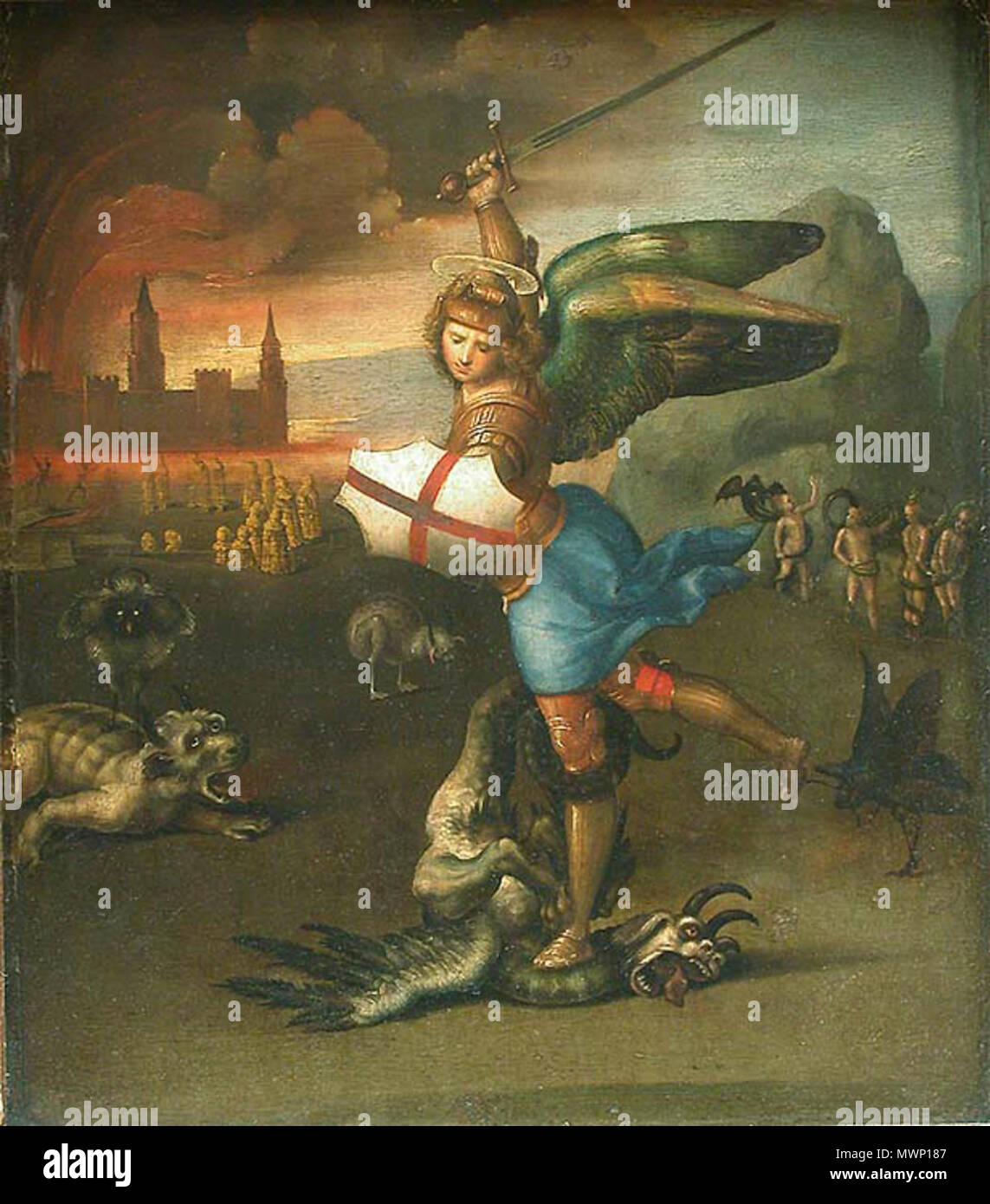. Saint Michael vaincre Satan . Raffaello, San Michele e il drago . circa 1505 511 Raffaello, San Michele e il drago 00 Banque D'Images