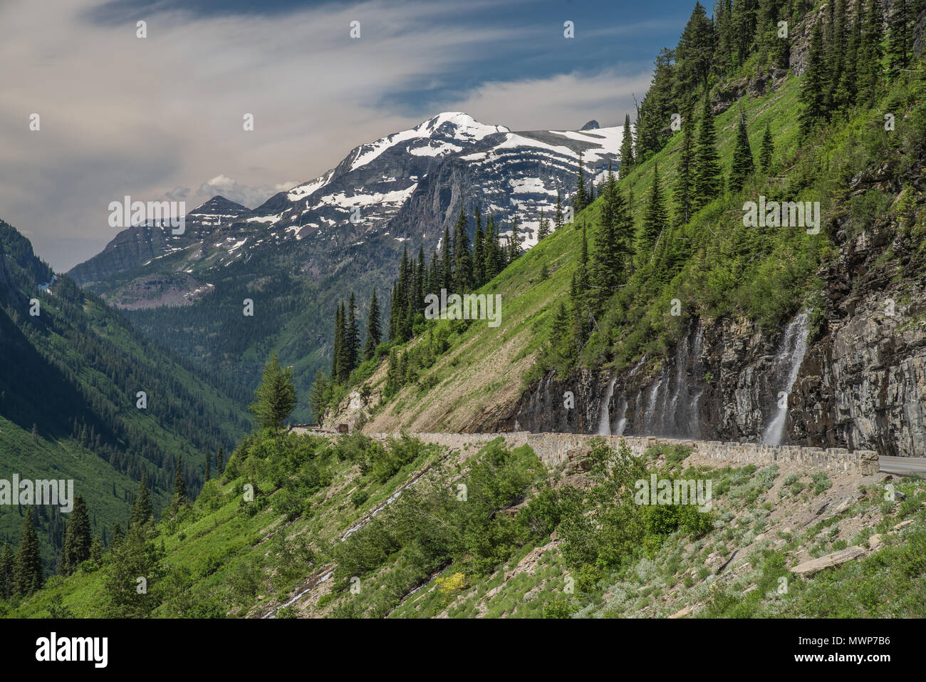 De hautes montagnes, des prairies vertes, et des chutes d'un jour d'été le long de la route allant vers le soleil au parc national Glacier du Montana Banque D'Images