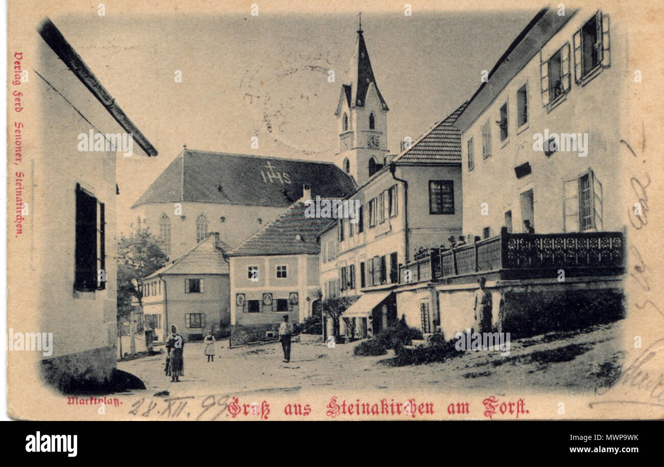 . Deutsch : Historisches Postkartenmotiv des Marktplatzes Steinakirchen am Forst, sowie der Kirche. Anglais : Carte postale historique montrant la place centrale dans la région de Steinakirchen am Forst ainsi que l'église. 28 décembre 1899. Inconnu 499 Postkarte, Motiv Steinakirchen, Jahr 1899 Banque D'Images