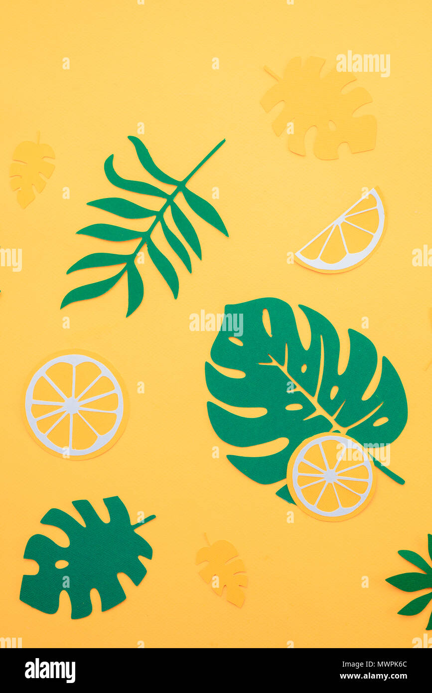 Motif feuilles tropicales. Green monstera et fougères avec l'orange et les tranches de citron sur un fond jaune vif. Vacances d'été avec du papier craft concept fruits Banque D'Images