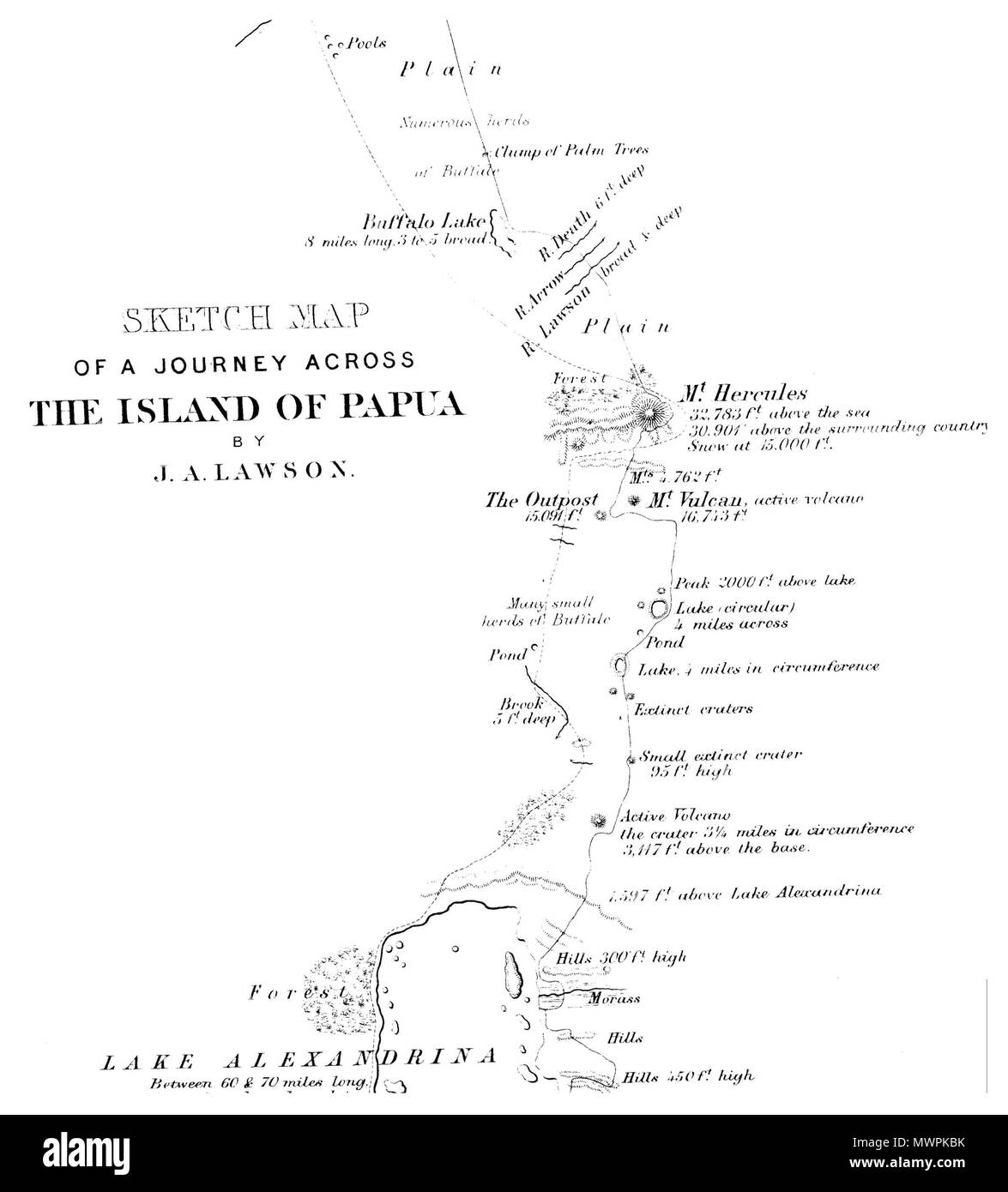 . Français : Carte du voyage en Nouvelle-Guinée de J. A. Lawson, published in 1875 et figurant le mont mythique Hercule . 29 janvier 2009, 01:08:25. John A. Lawson 427 Hercules carte-croquis de montage Banque D'Images