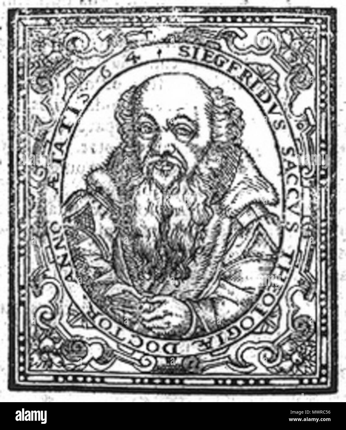 . Deutsch : Porträt des Magderburger Dompredigers Siegfried Sack (1527-1596) (Buchholzschnitt des 16. Jahrhunderts) . 9 septembre 2013, 15:48:34. Inconnu 558 Siegfridus - Ballonets Theologiae Médecin - Anno Aetatis 1564 Banque D'Images